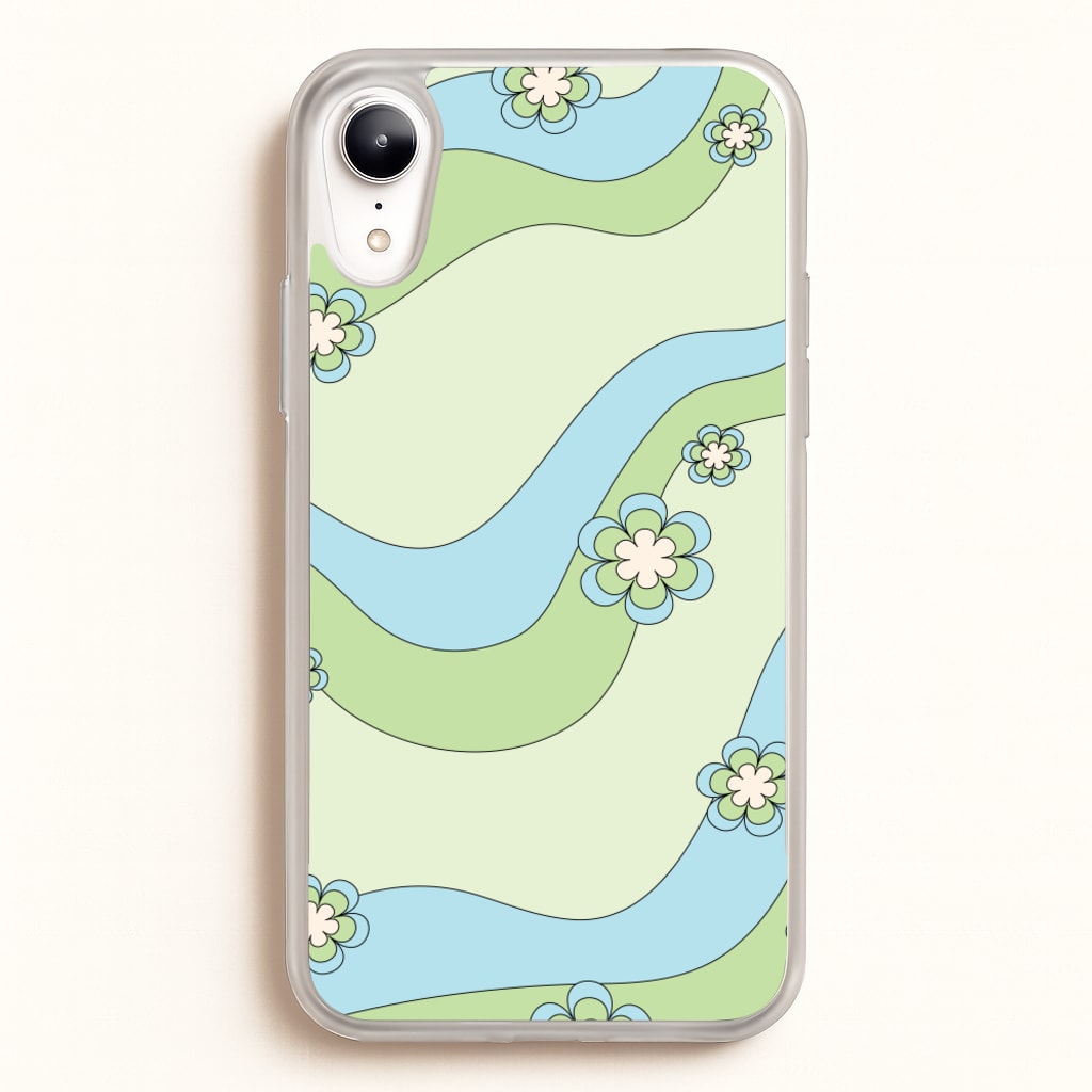 Waves And Flowers Green Retro Pattern - Abstract Patterns Phone Case for iPhone XR