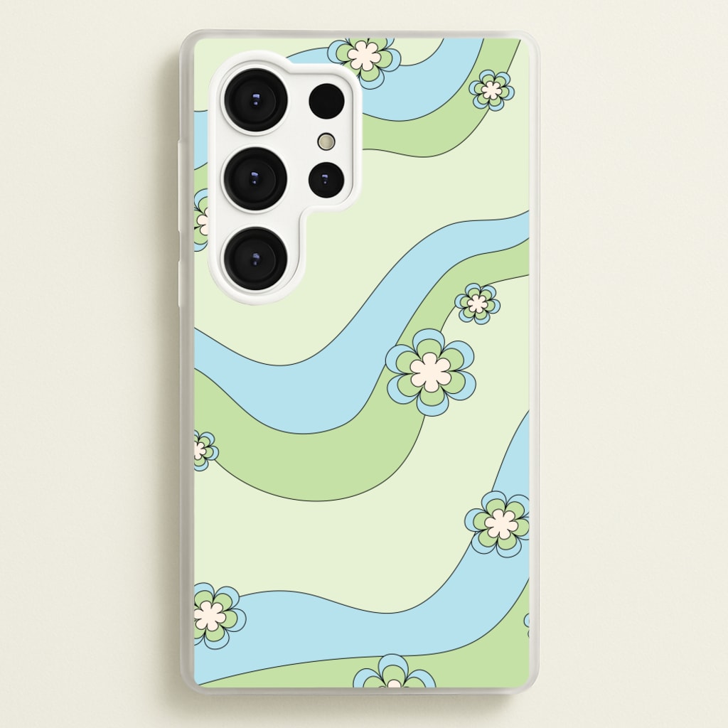 Waves And Flowers Green Retro Pattern - Abstract Patterns Phone Case for Galaxy S25 Ultra