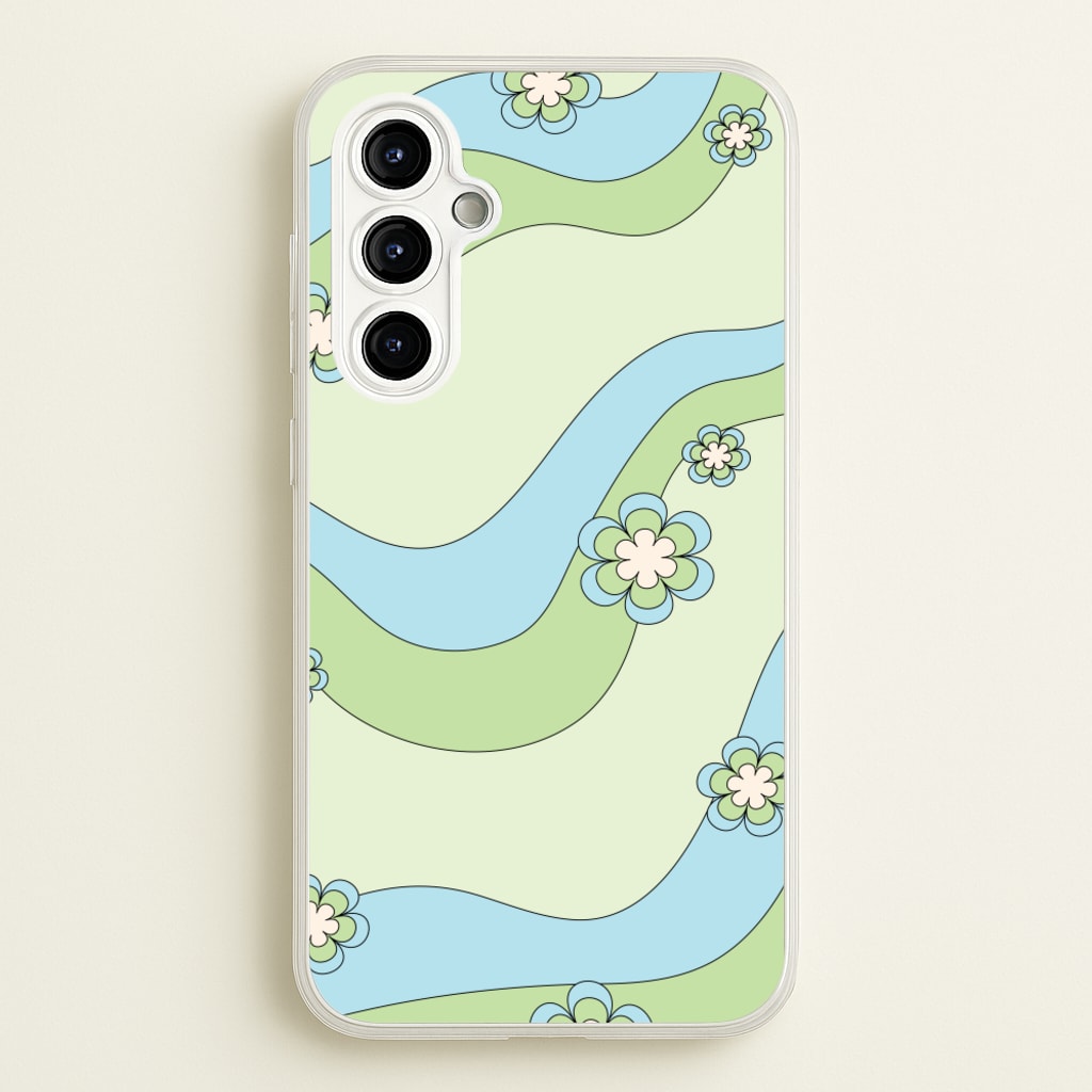 Waves And Flowers Green Retro Pattern - Abstract Patterns Phone Case for Galaxy A54