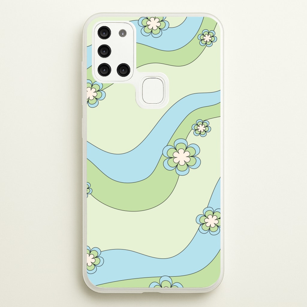 Waves And Flowers Green Retro Pattern - Abstract Patterns Phone Case for Galaxy A21s