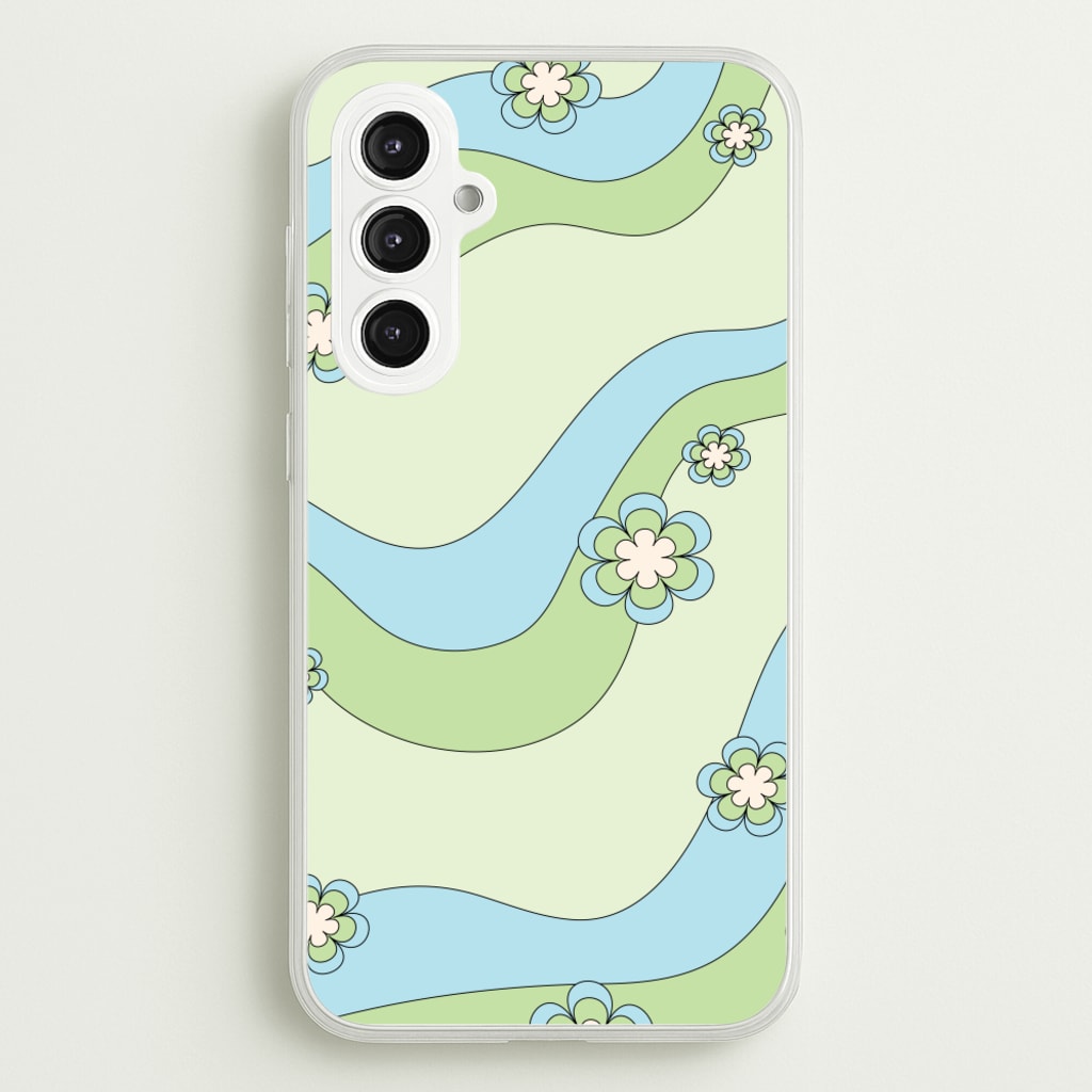 Waves And Flowers Green Retro Pattern - Abstract Patterns Phone Case for Galaxy S23FE