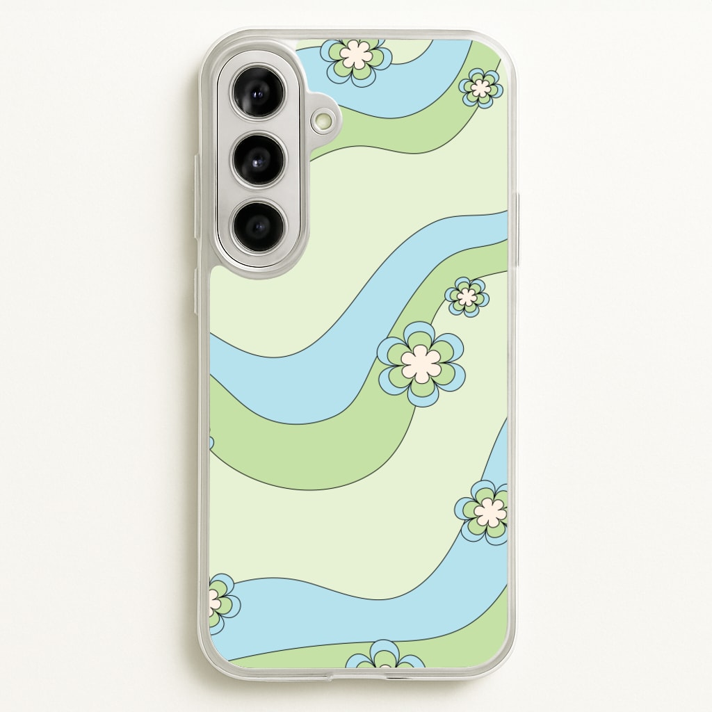Waves And Flowers Green Retro Pattern - Abstract Patterns Phone Case for Galaxy A56