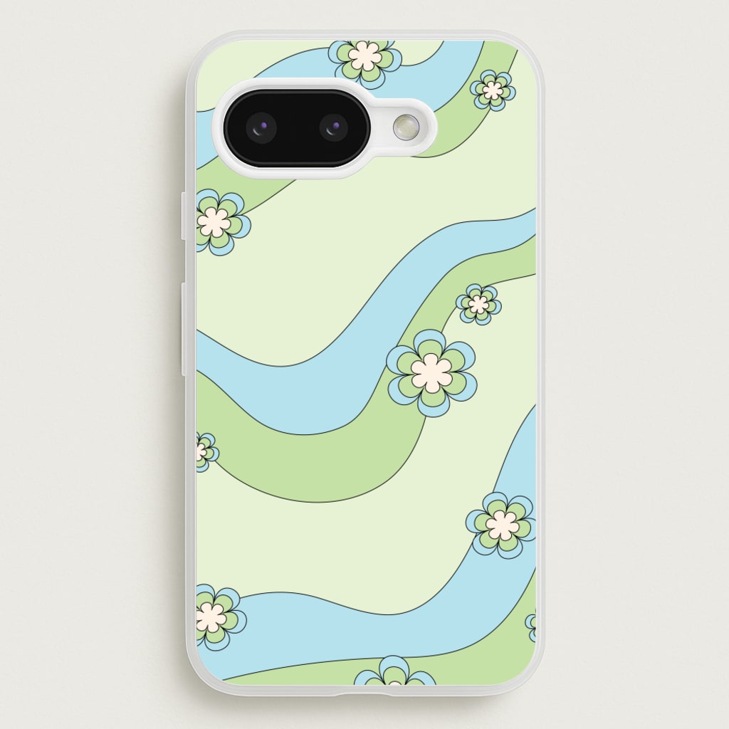 Waves And Flowers Green Retro Pattern - Abstract Patterns Phone Case for Google Pixel 9a