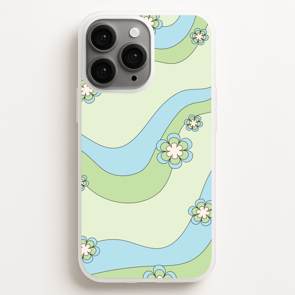Waves And Flowers Green Retro Pattern - Abstract Patterns Phone Case for iPhone 11 Pro