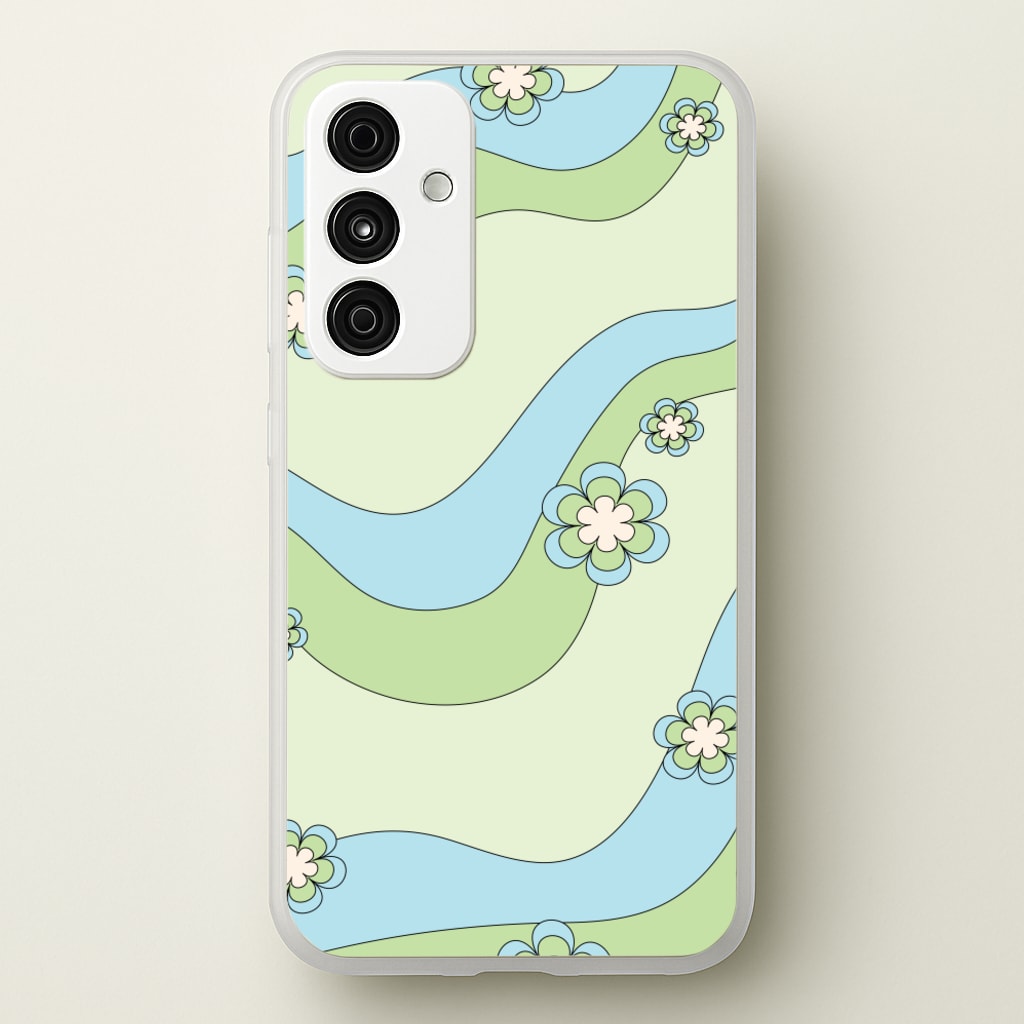 Waves And Flowers Green Retro Pattern - Abstract Patterns Phone Case for Galaxy A15
