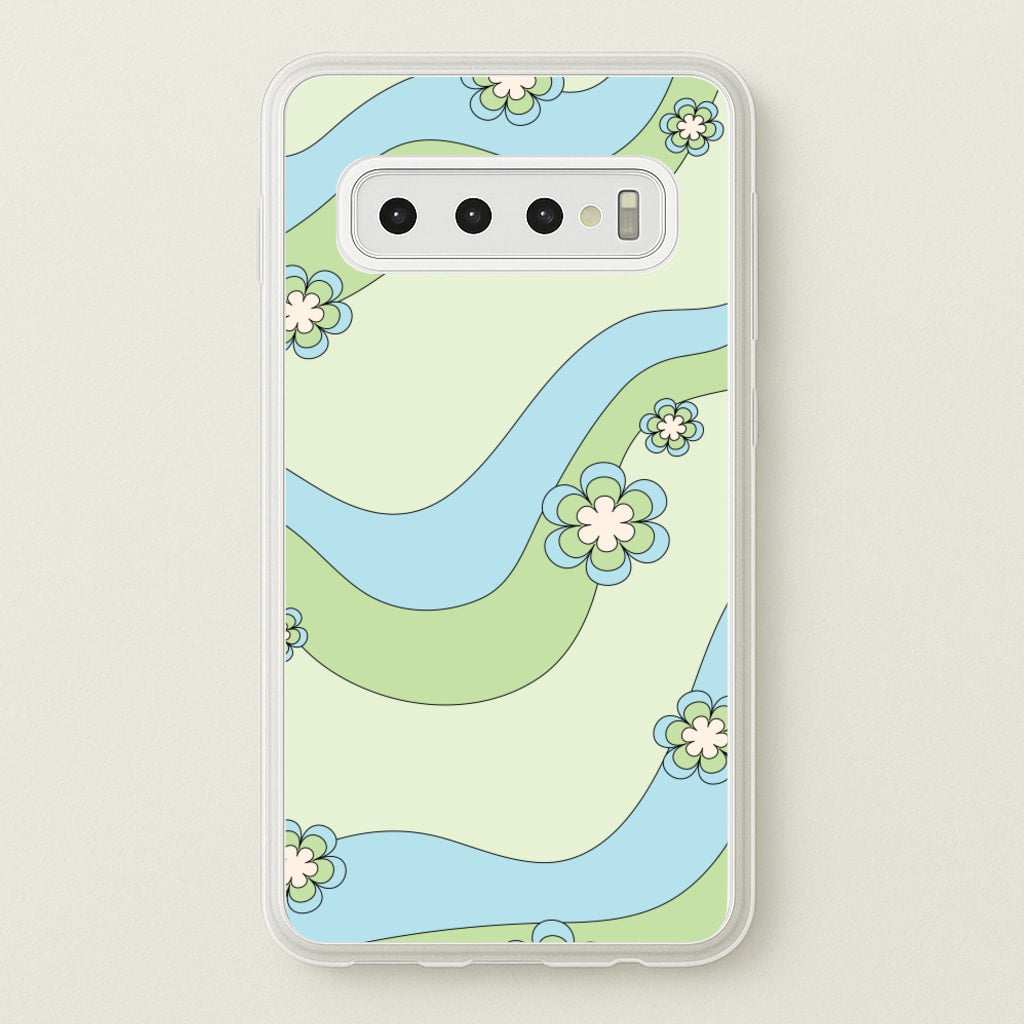 Waves And Flowers Green Retro Pattern - Abstract Patterns Phone Case for Galaxy S10 Plus