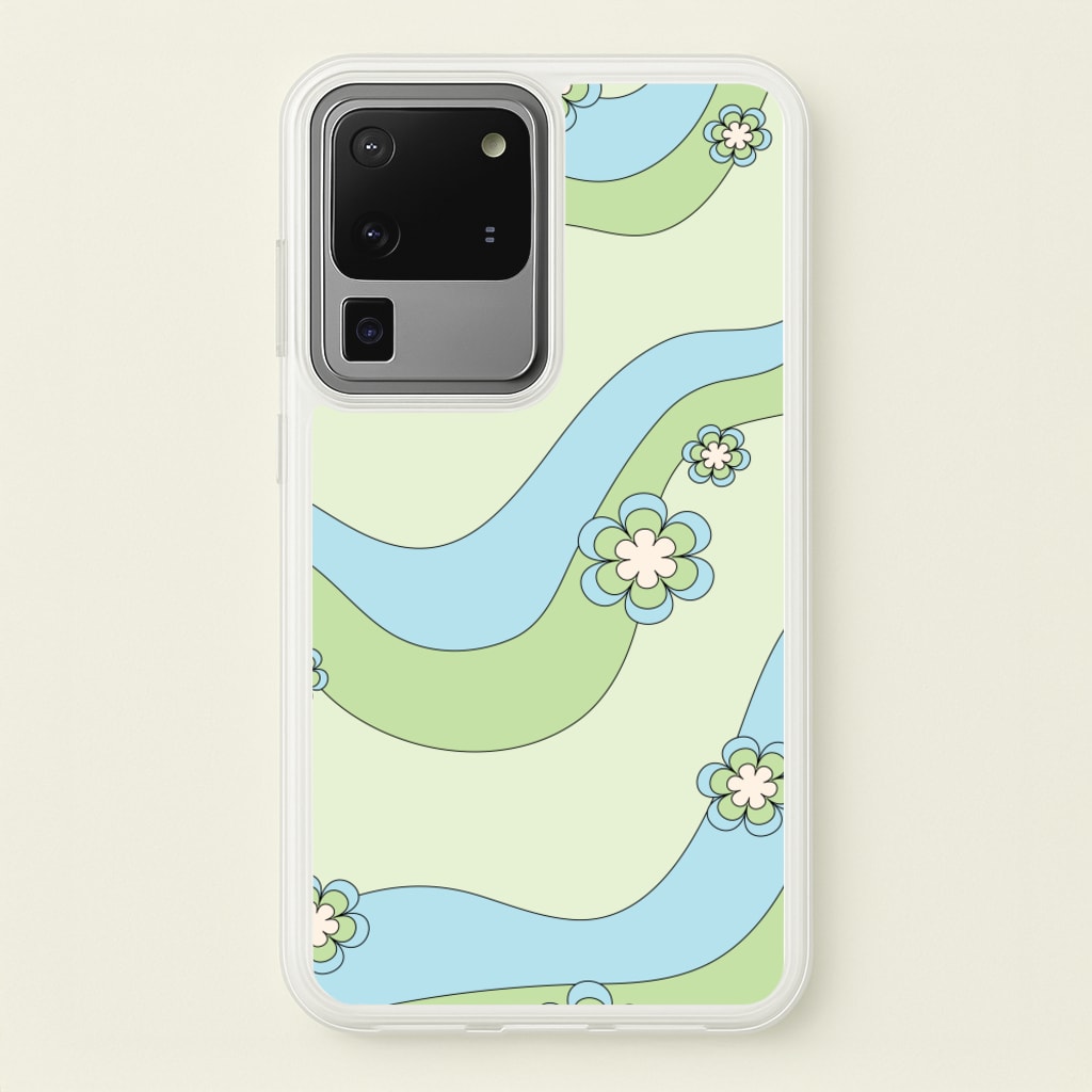 Waves And Flowers Green Retro Pattern - Abstract Patterns Phone Case for Galaxy S20 Ultra