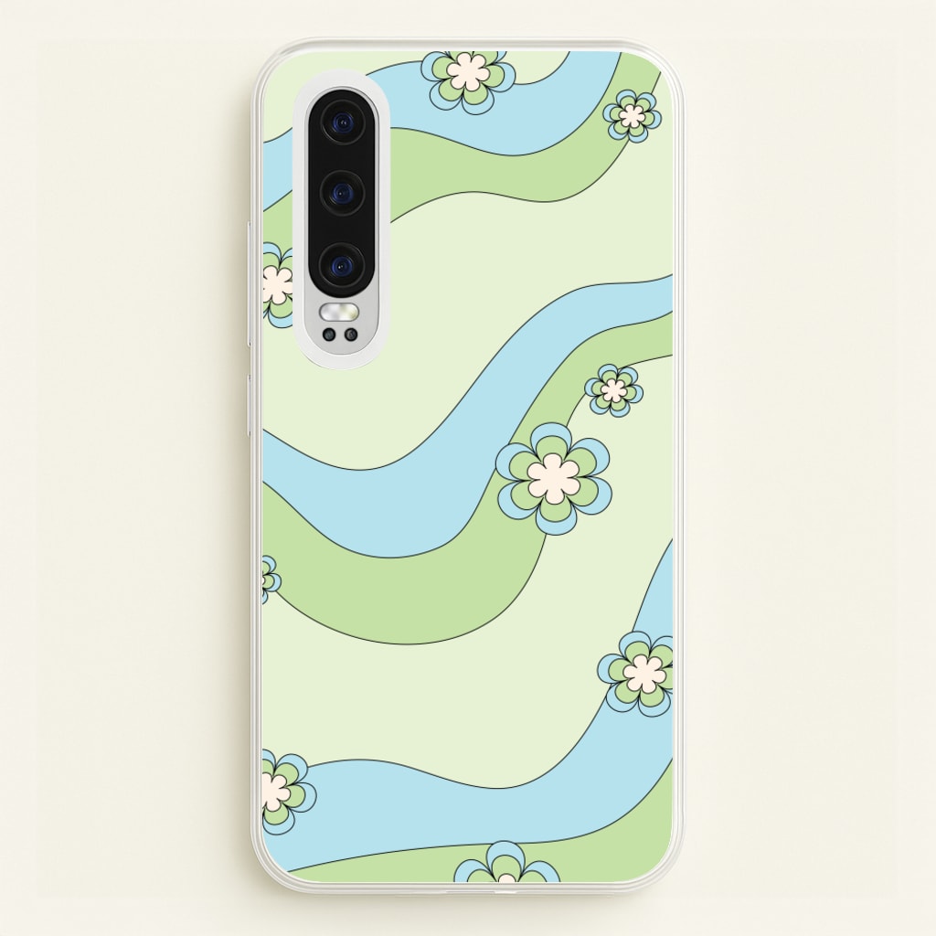 Waves And Flowers Green Retro Pattern - Abstract Patterns Phone Case for Huawei P30