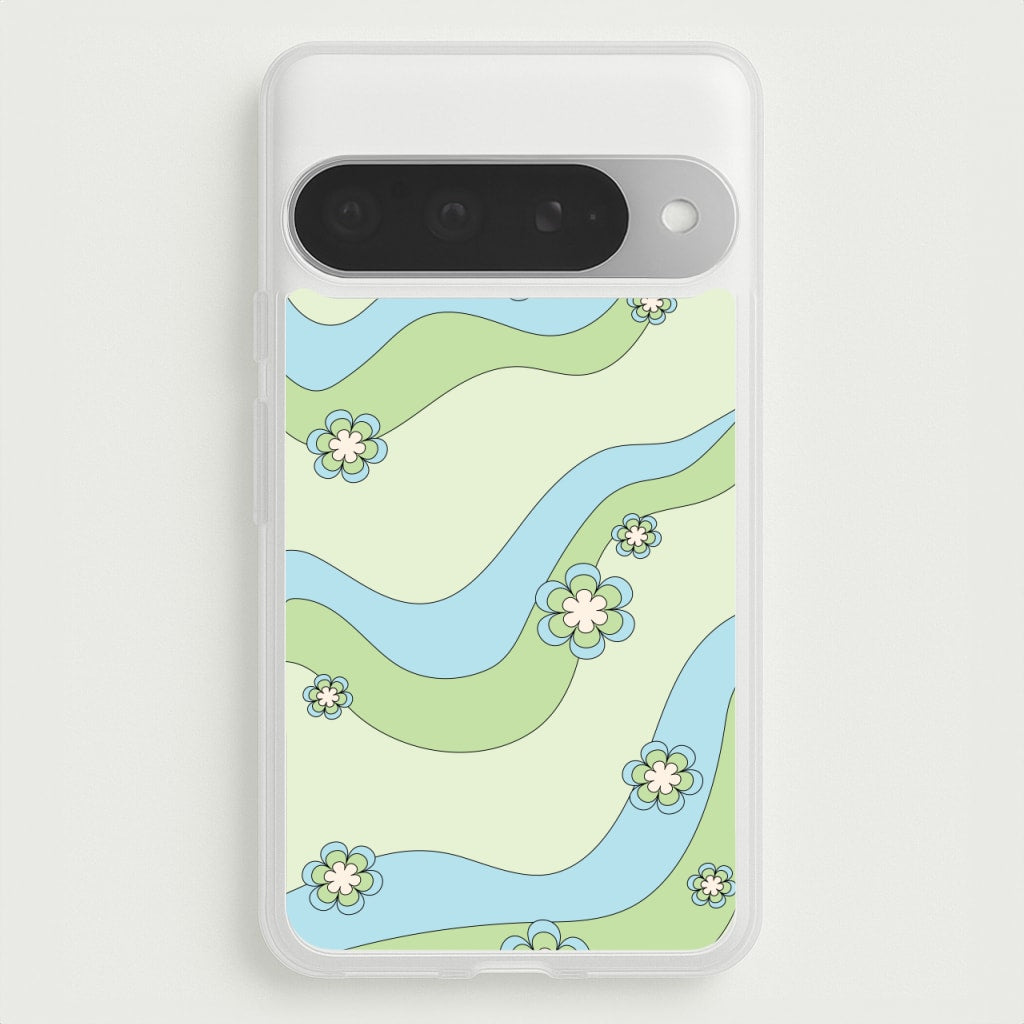 Waves And Flowers Green Retro Pattern Phone Case for Google Pixel 10 Pro XL