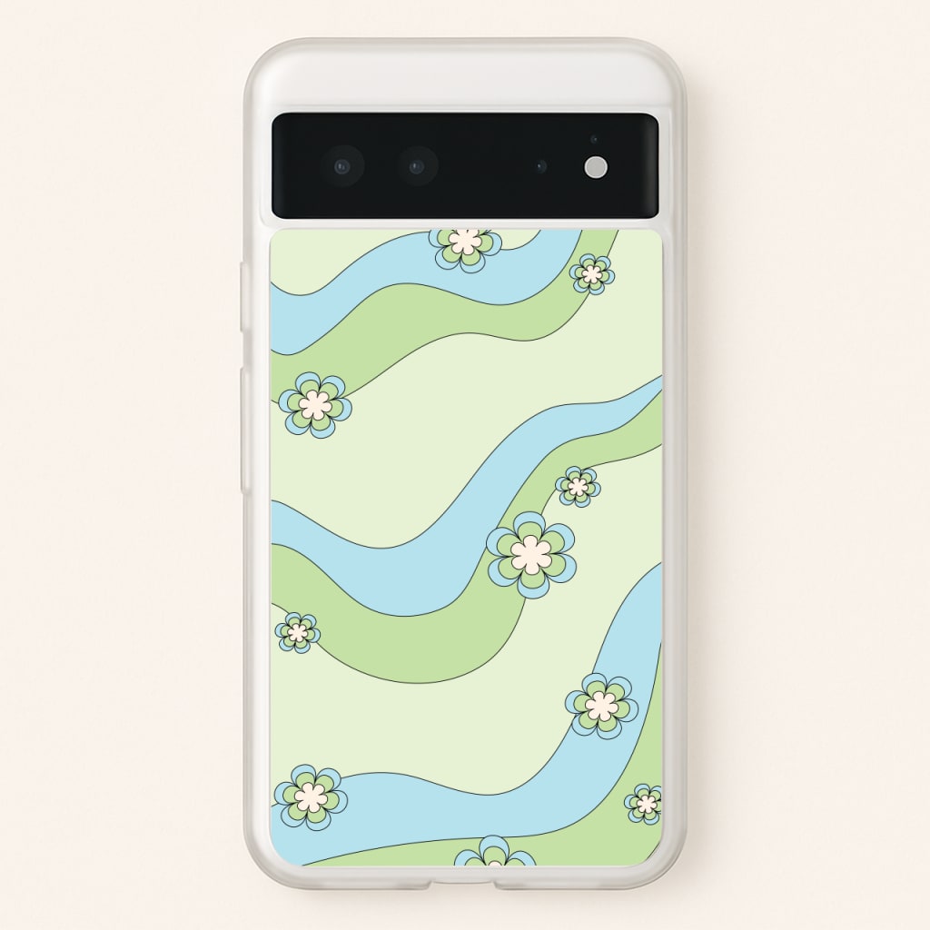 Waves And Flowers Green Retro Pattern - Abstract Patterns Phone Case for Google Pixel 6