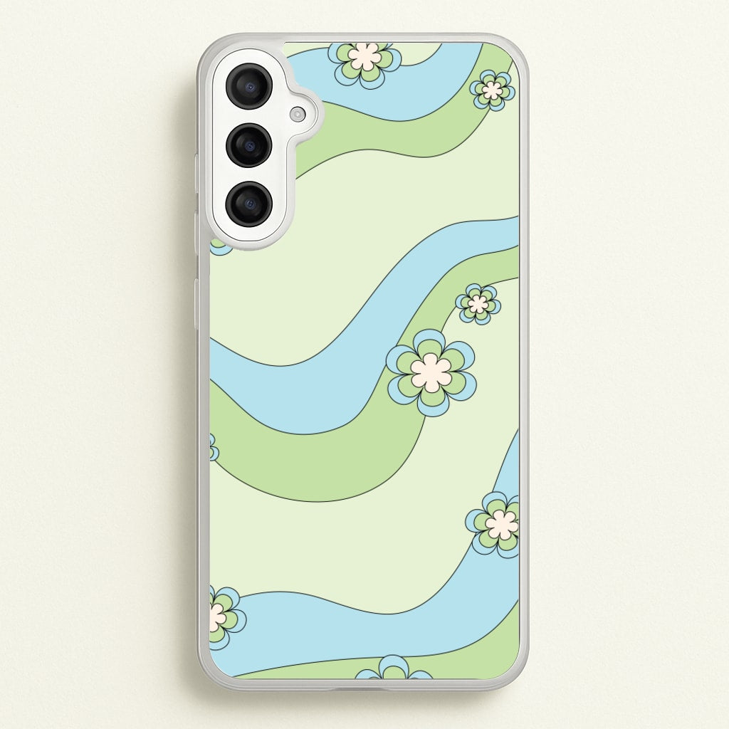 Waves And Flowers Green Retro Pattern - Abstract Patterns Phone Case for Galaxy A36