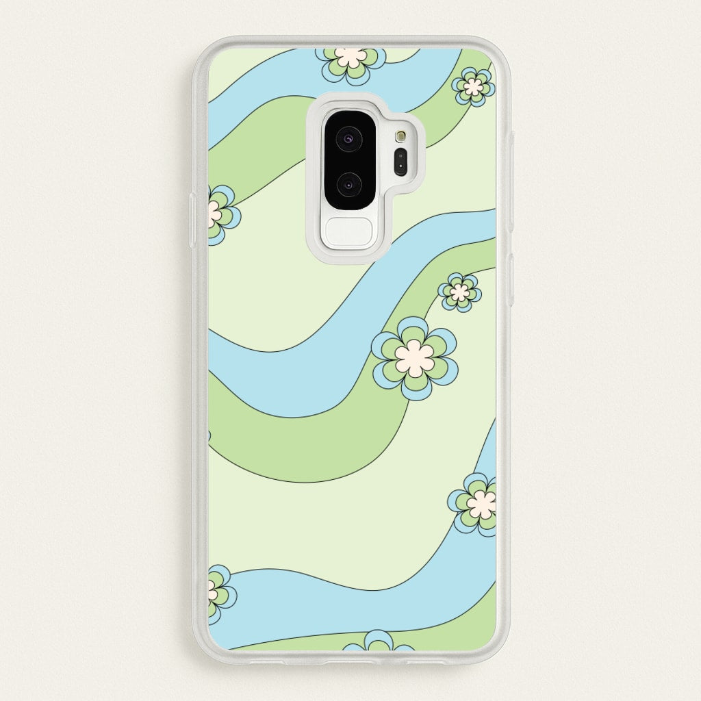 Waves And Flowers Green Retro Pattern - Abstract Patterns Phone Case for Galaxy S9 Plus