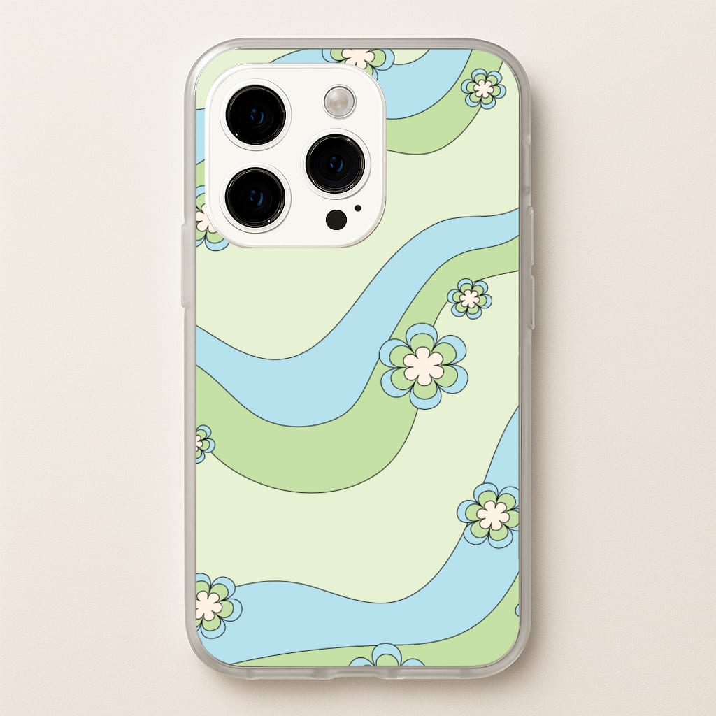 Waves And Flowers Green Retro Pattern - Abstract Patterns Phone Case for iPhone 14 Pro Max