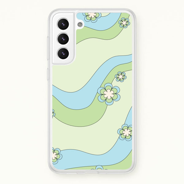 Waves And Flowers Green Retro Pattern - Abstract Patterns Phone Case for Galaxy S22