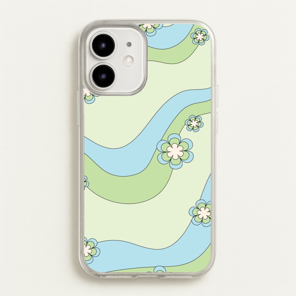 Waves And Flowers Green Retro Pattern - Abstract Patterns Phone Case for iPhone 12 Mini