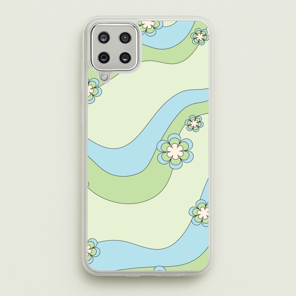 Waves And Flowers Green Retro Pattern - Abstract Patterns Phone Case for Galaxy A12