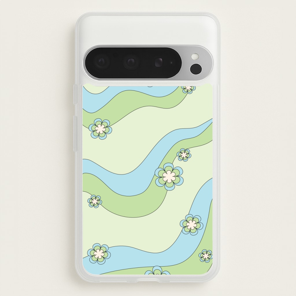 Waves And Flowers Green Retro Pattern - Abstract Patterns Phone Case for Google Pixel 9 Pro XL