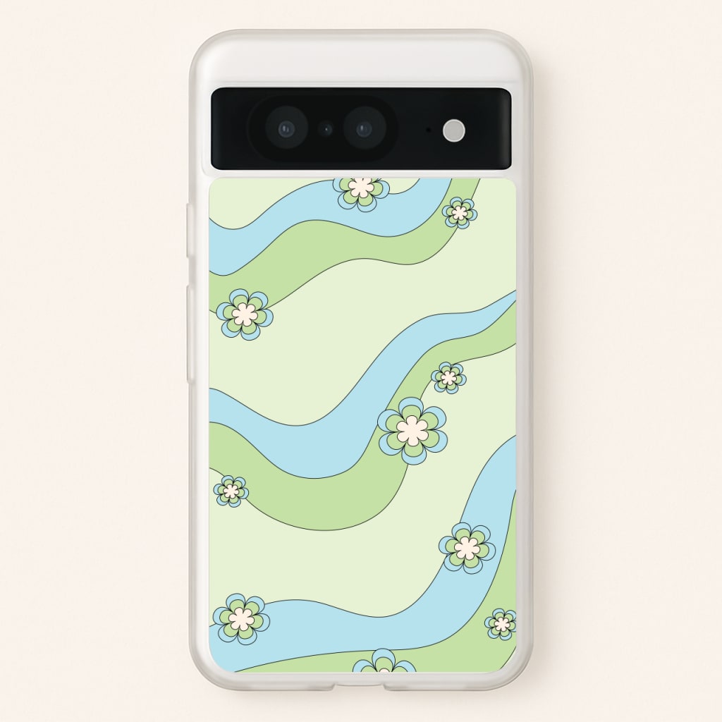 Waves And Flowers Green Retro Pattern - Abstract Patterns Phone Case for Google Pixel 8