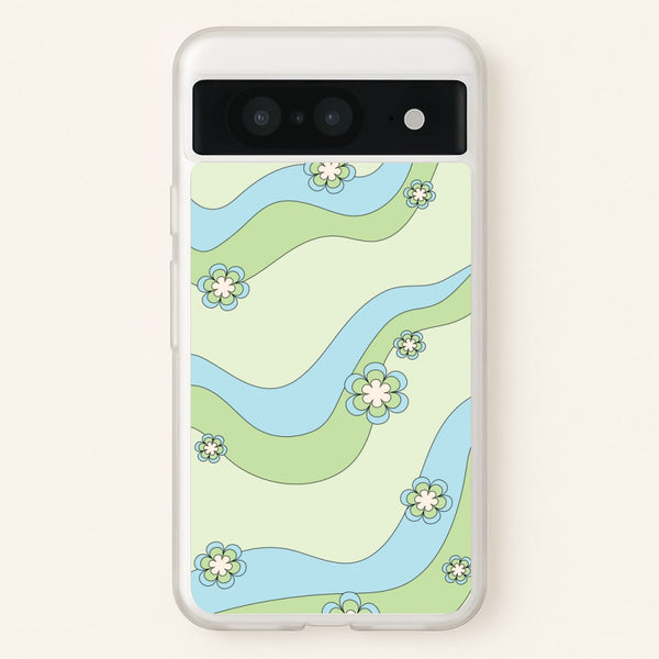 Waves And Flowers Green Retro Pattern - Abstract Patterns Phone Case for Google Pixel 8