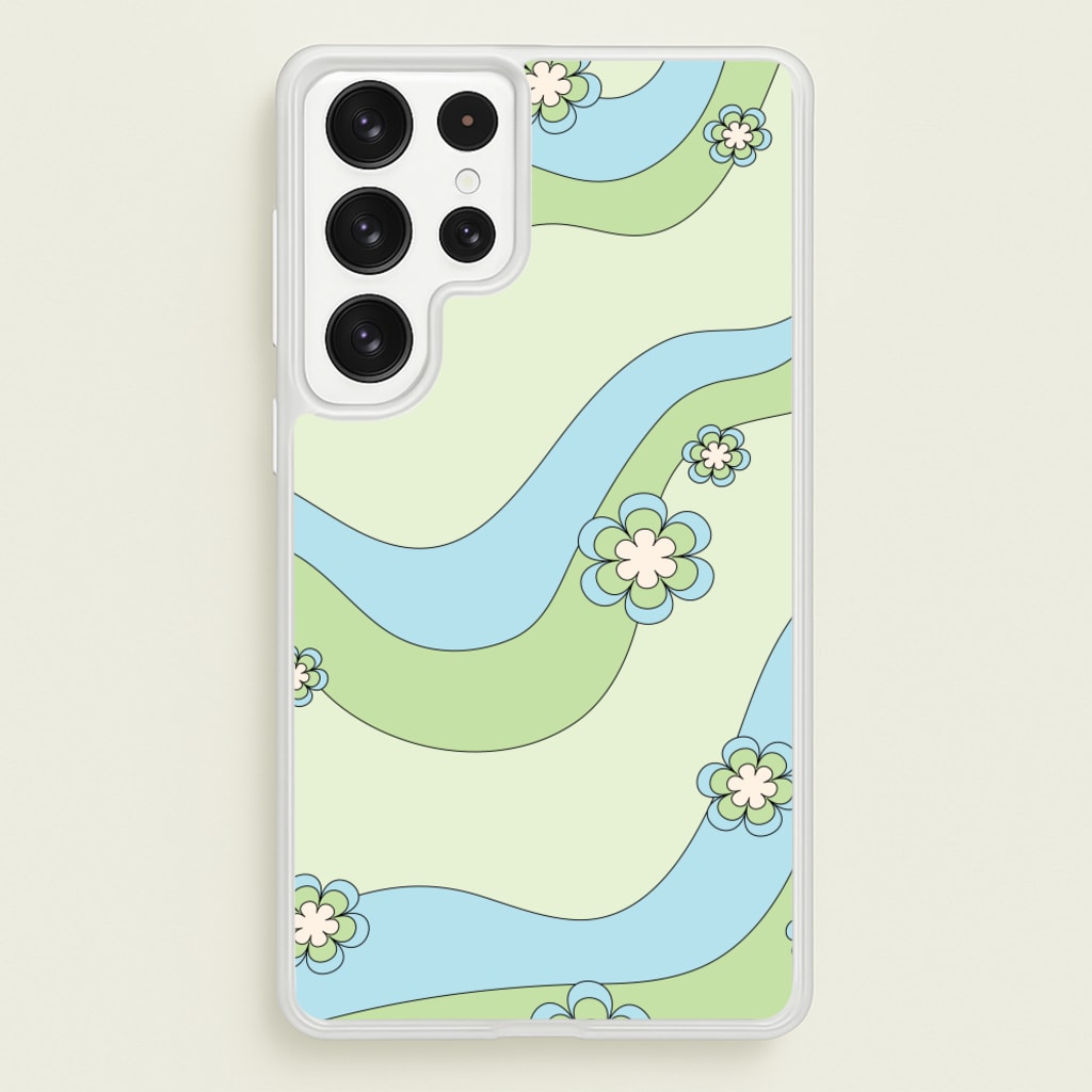 Waves And Flowers Green Retro Pattern - Abstract Patterns Phone Case for Galaxy S22 Ultra