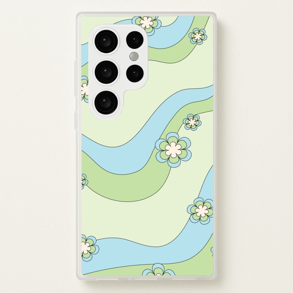 Waves And Flowers Green Retro Pattern - Abstract Patterns Phone Case for Galaxy S24 Ultra