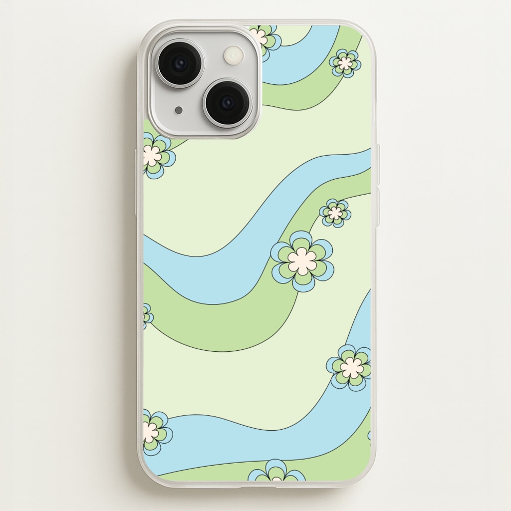 Waves And Flowers Green Retro Pattern - Abstract Patterns Phone Case for iPhone 13 Mini