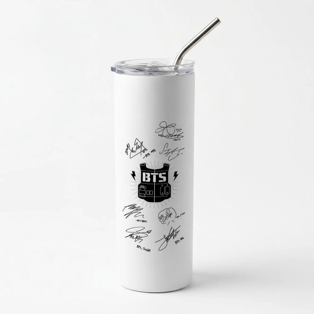White K-Pop Band Army Logo and Signatures Skinny Tumbler