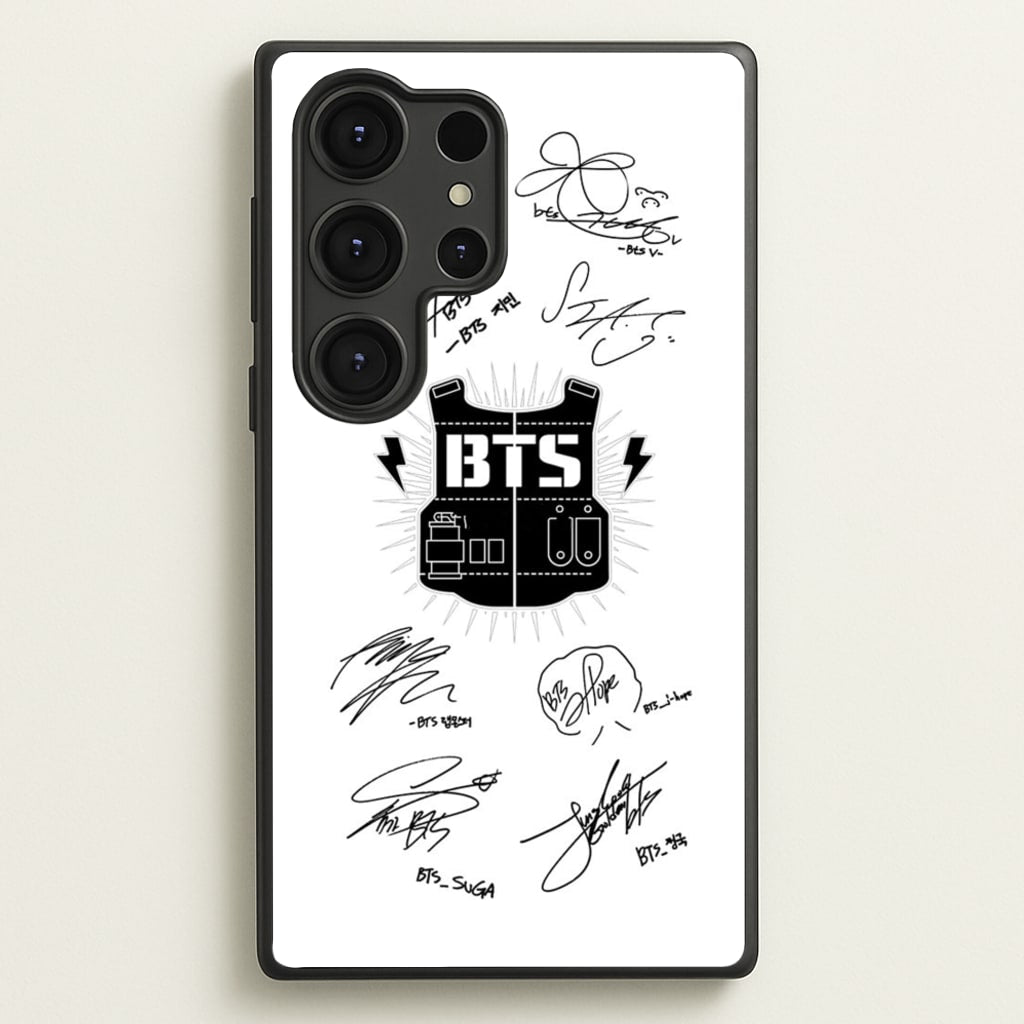 White K-Pop Band Army Logo and Signatures - BTS Phone Case for Galaxy S25 Ultra