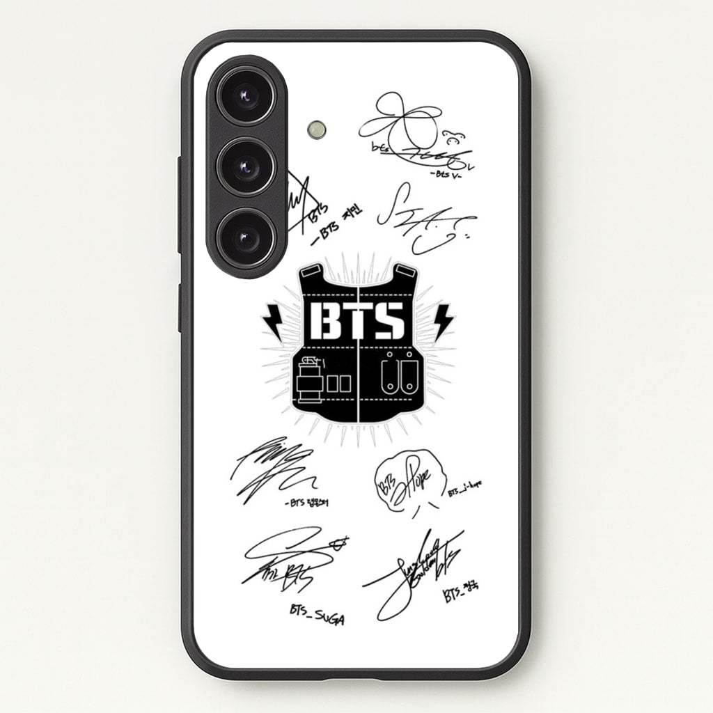 White K-Pop Band Army Logo and Signatures - BTS Phone Case for Galaxy S24FE
