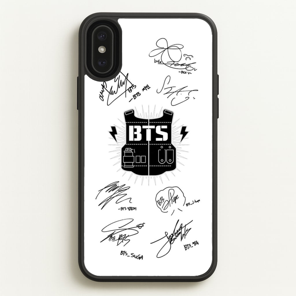 White K-Pop Band Army Logo and Signatures - BTS Phone Case for iPhone XS Max