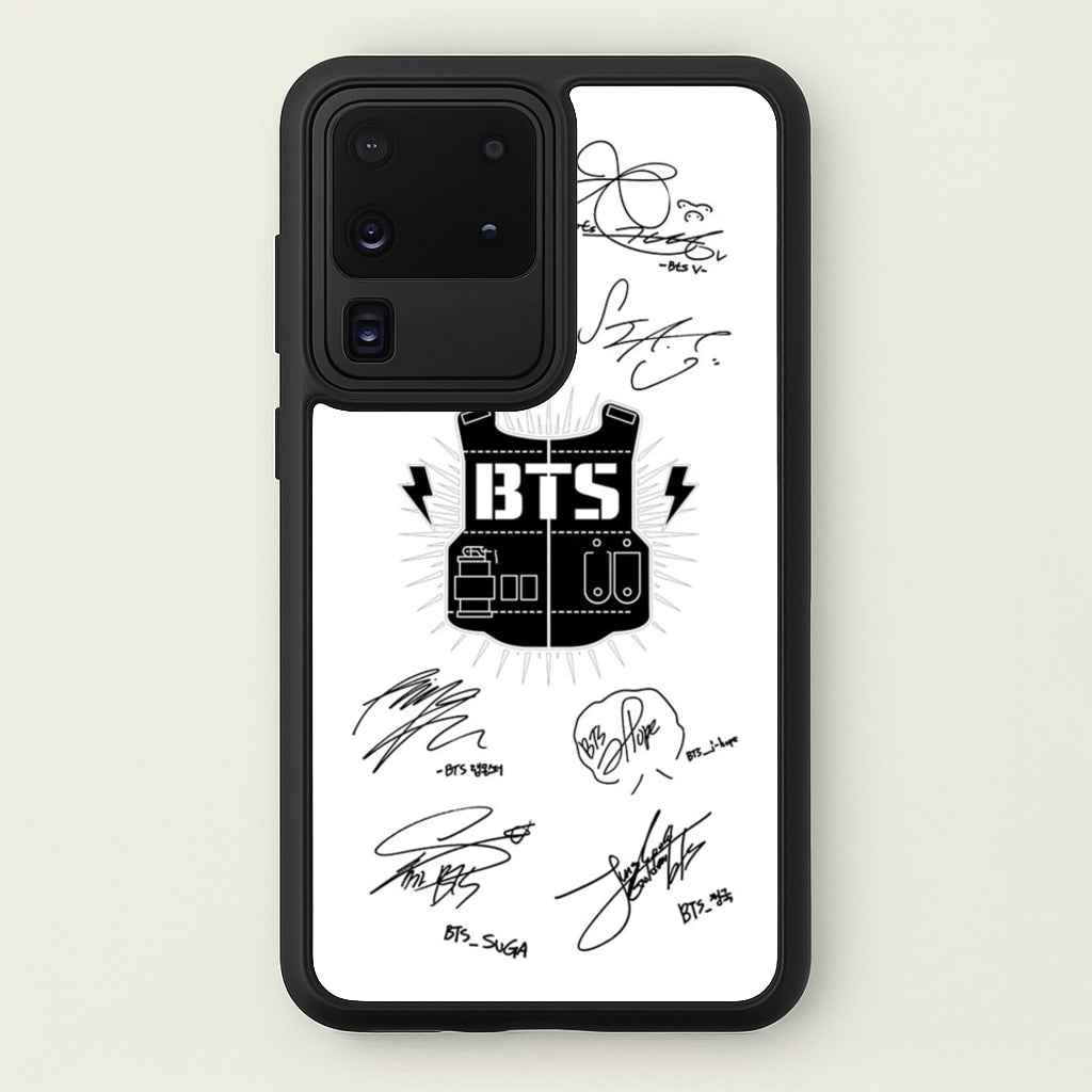 White K-Pop Band Army Logo and Signatures - BTS Phone Case for Galaxy S20 Ultra