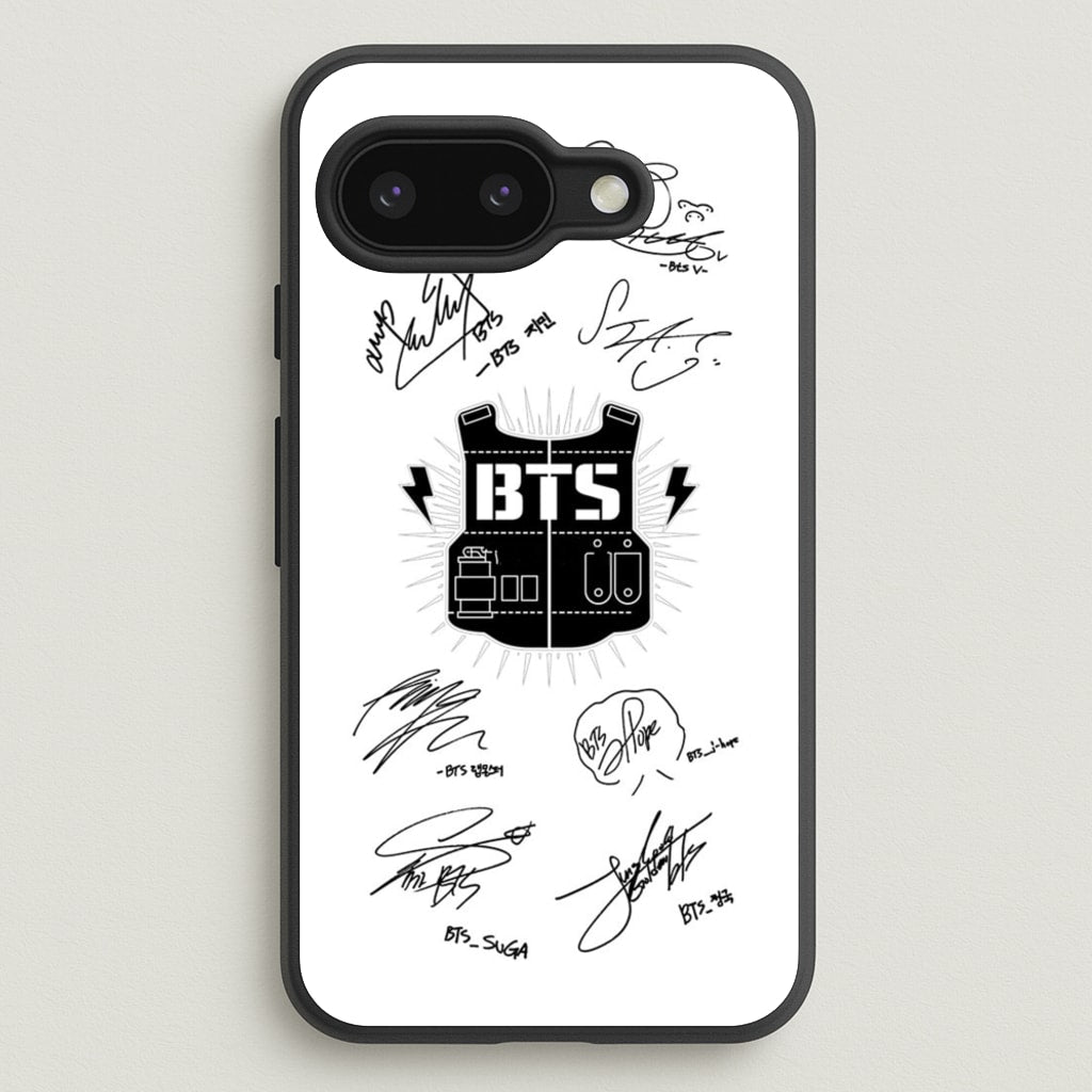 White K-Pop Band Army Logo and Signatures - BTS Phone Case for Google Pixel 9a