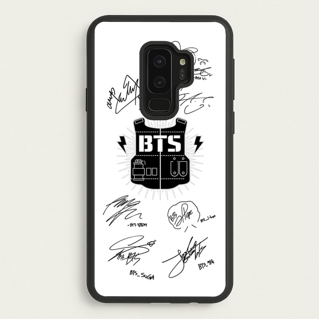 White K-Pop Band Army Logo and Signatures - BTS Phone Case for Galaxy S9 Plus
