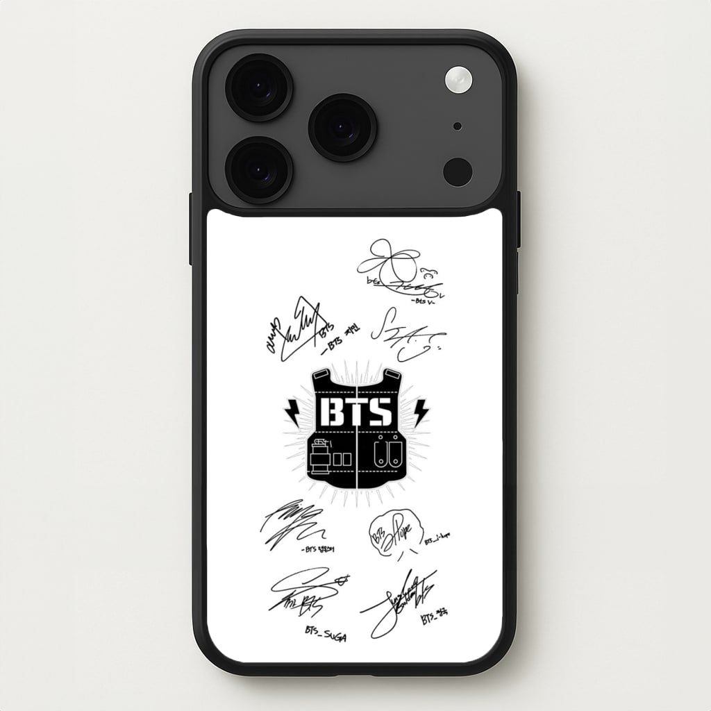 White K-Pop Band Army Logo and Signatures Phone Case for iPhone 17 Pro Max