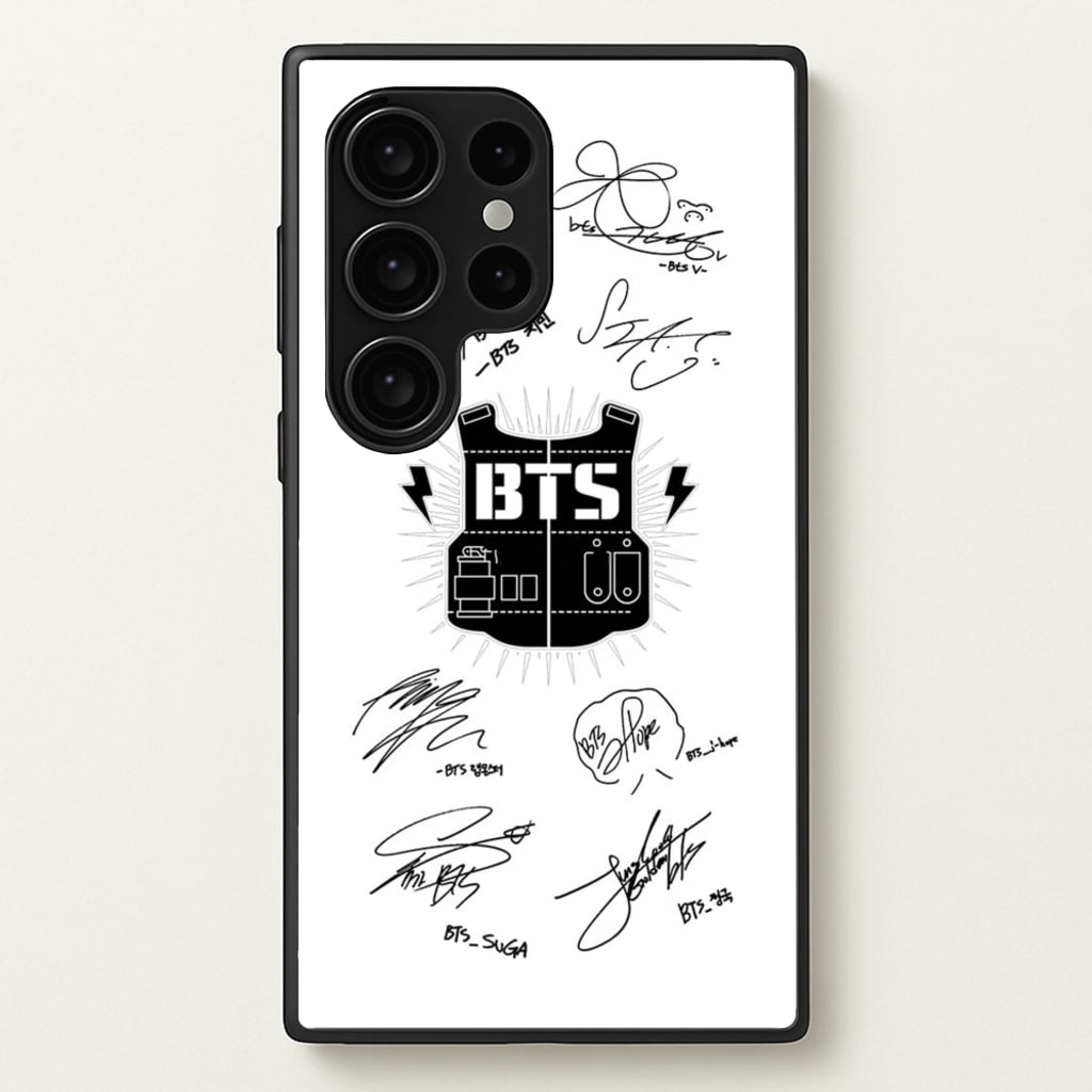 White K-Pop Band Army Logo and Signatures - BTS Phone Case for Galaxy S24 Ultra