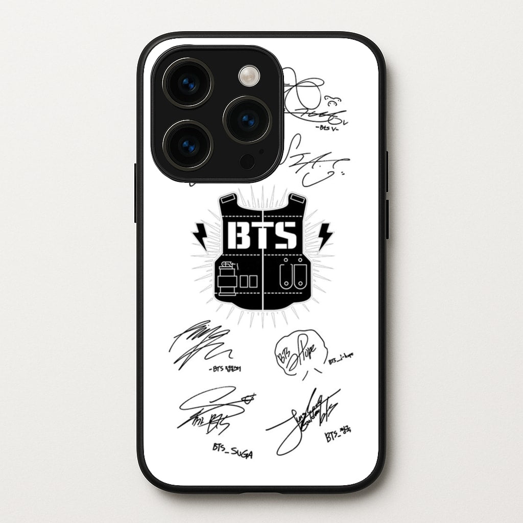 White K-Pop Band Army Logo and Signatures - BTS Phone Case for iPhone 14 Pro