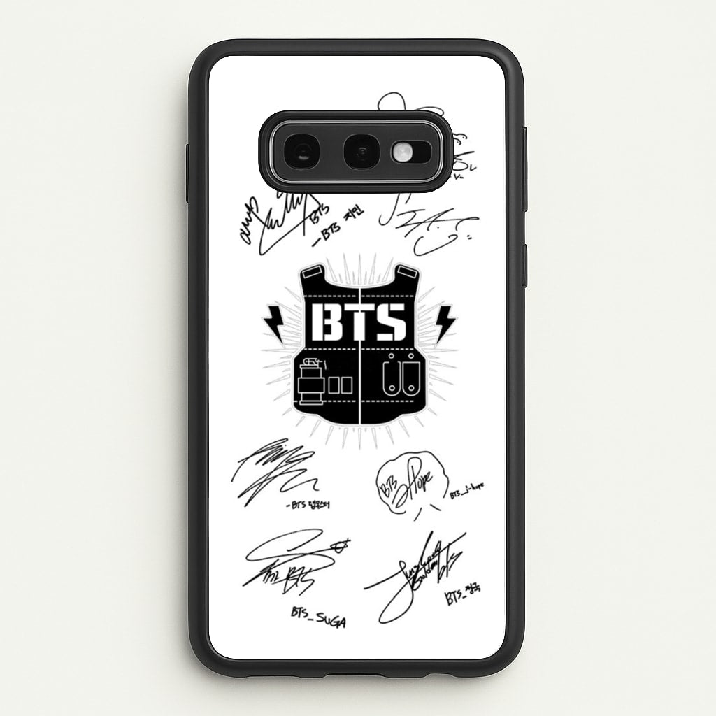 White K-Pop Band Army Logo and Signatures - BTS Phone Case for Galaxy S10e