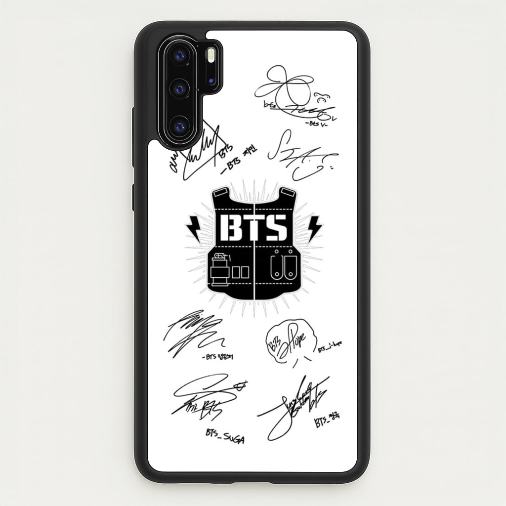 White K-Pop Band Army Logo and Signatures - BTS Phone Case for Huawei P30 Pro