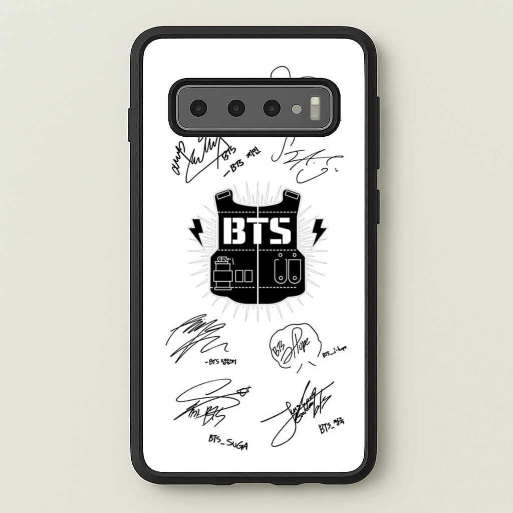 White K-Pop Band Army Logo and Signatures - BTS Phone Case for Galaxy S10 Plus