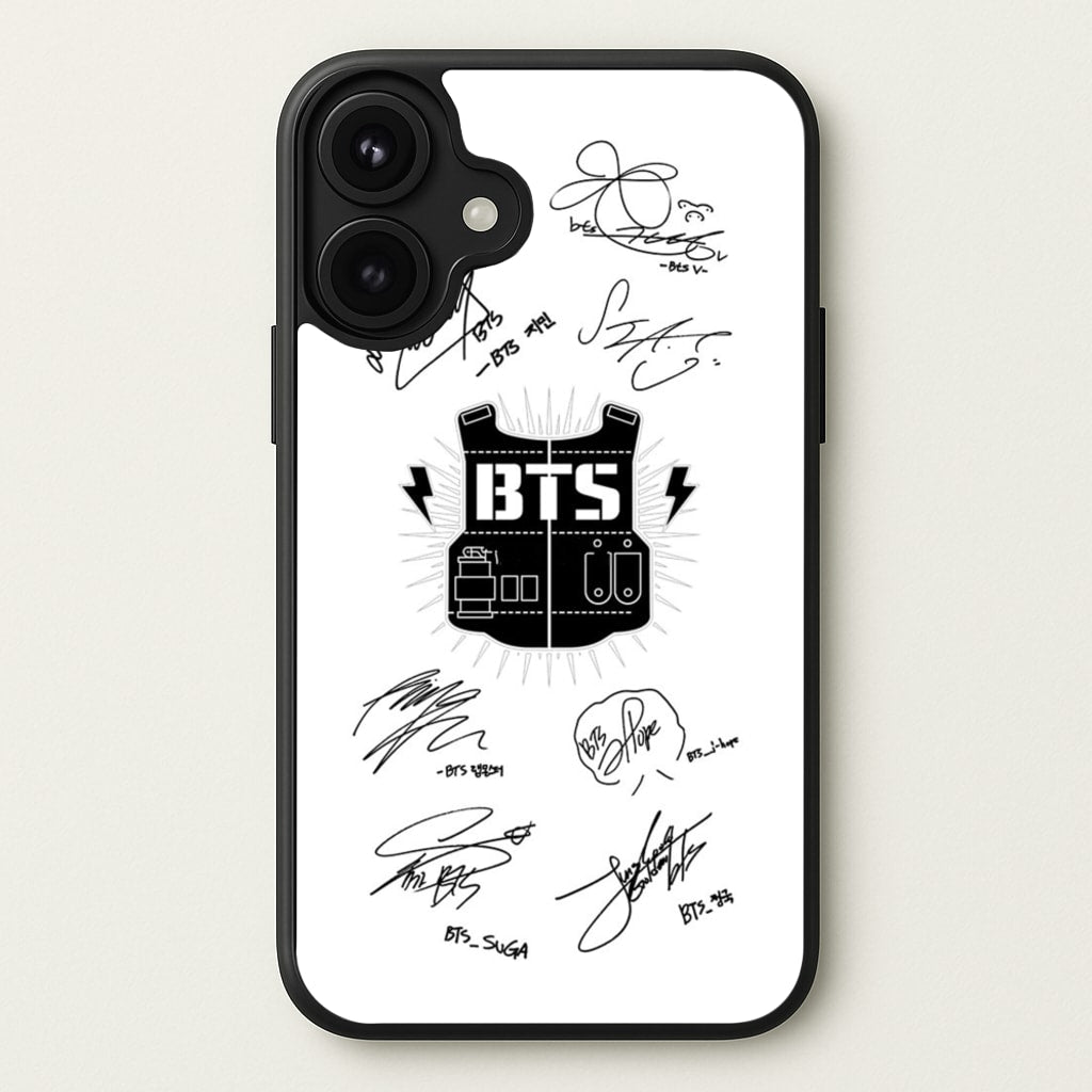 White K-Pop Band Army Logo and Signatures Phone Case for iPhone 17