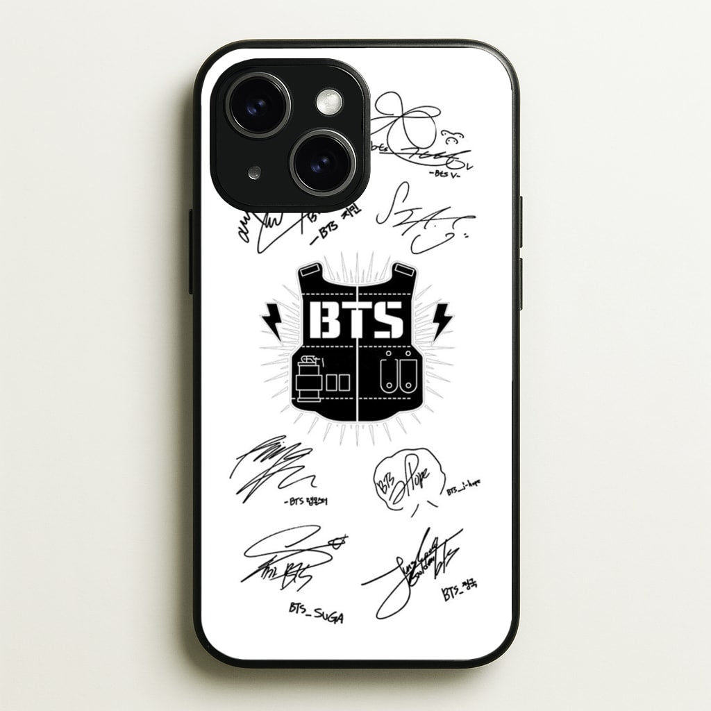 White K-Pop Band Army Logo and Signatures - BTS Phone Case for iPhone 15