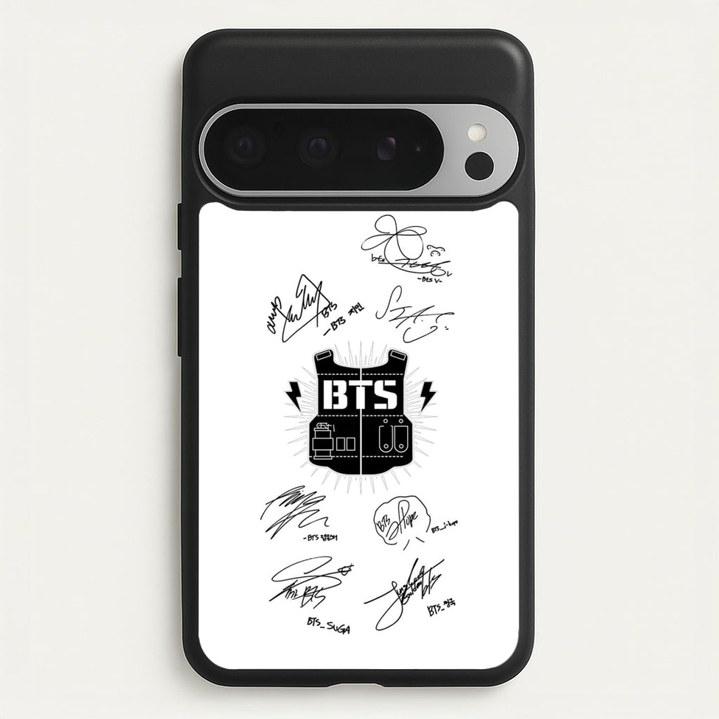 White K-Pop Band Army Logo and Signatures - BTS Phone Case for Google Pixel 9 Pro XL