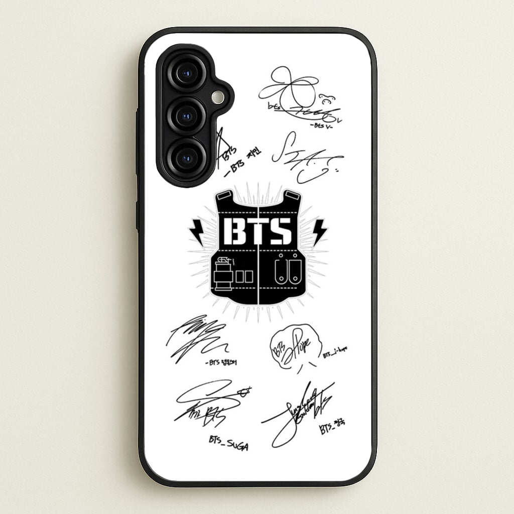 White K-Pop Band Army Logo and Signatures - BTS Phone Case for Galaxy A54