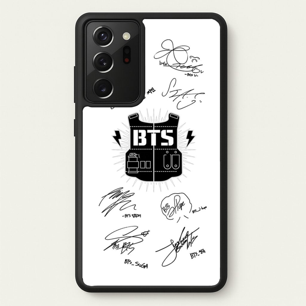 White K-Pop Band Army Logo and Signatures - BTS Phone Case for Galaxy Note 20 Ultra