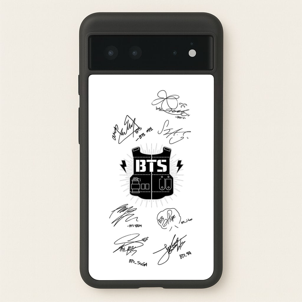 White K-Pop Band Army Logo and Signatures - BTS Phone Case for Google Pixel 6