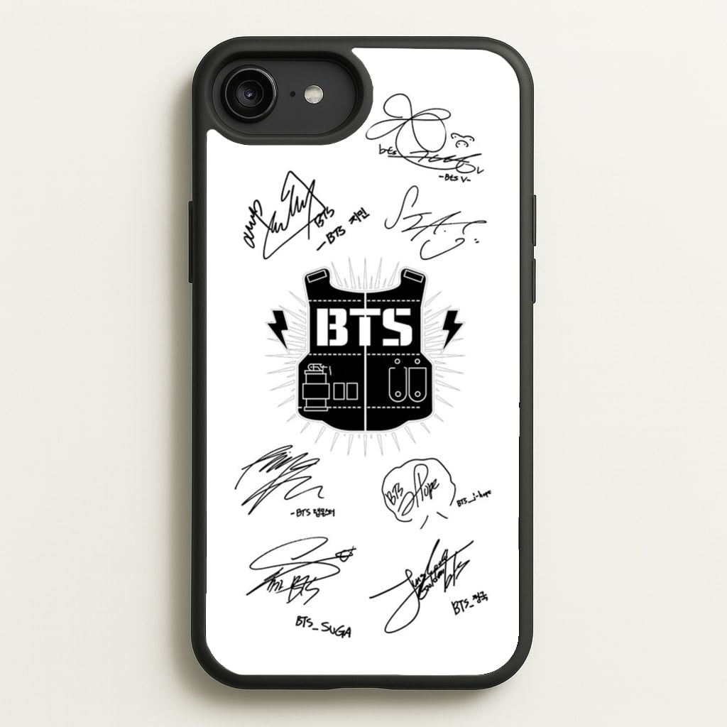 White K-Pop Band Army Logo and Signatures - BTS Phone Case for iPhone 6 Plus / 7 Plus / 8 Plus