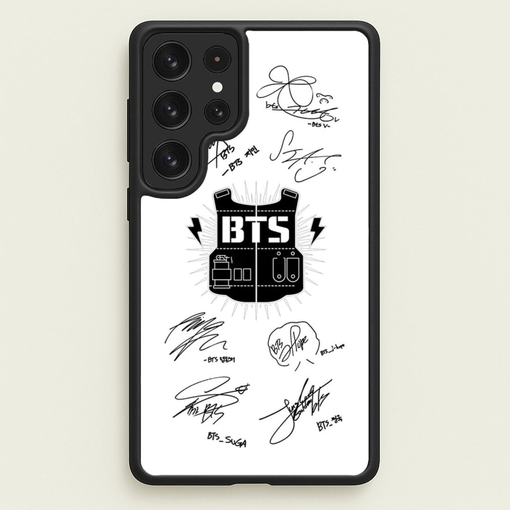White K-Pop Band Army Logo and Signatures - BTS Phone Case for Galaxy S22 Ultra