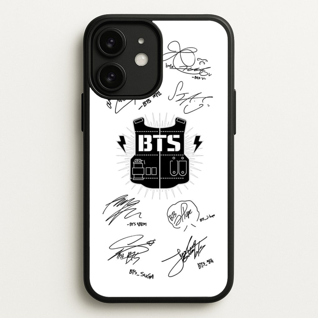 White K-Pop Band Army Logo and Signatures - BTS Phone Case for iPhone 11