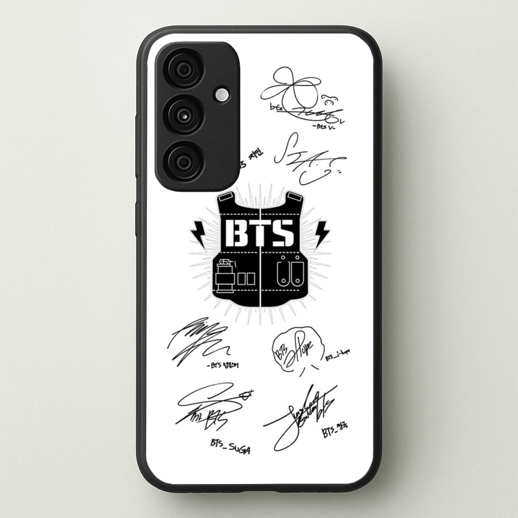 White K-Pop Band Army Logo and Signatures - BTS Phone Case for Galaxy A35