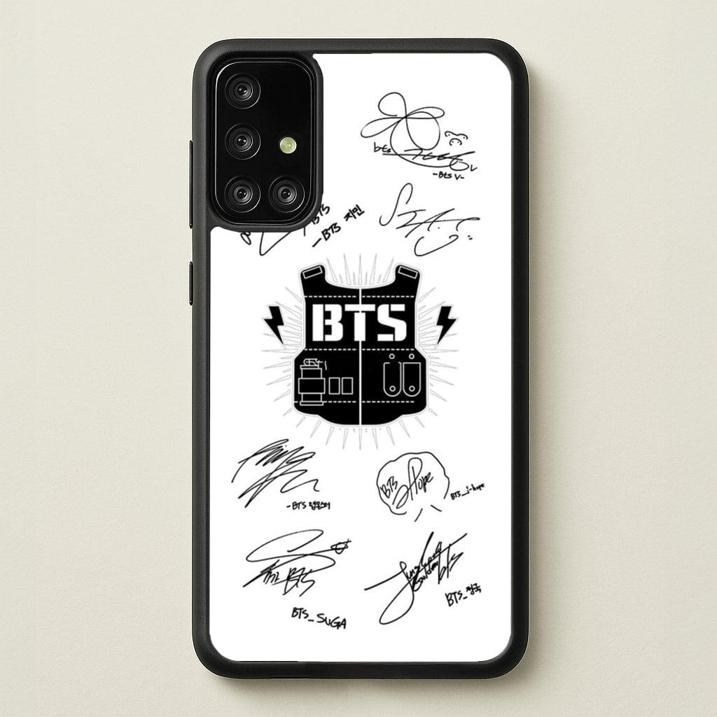 White K-Pop Band Army Logo and Signatures - BTS Phone Case for Galaxy A71